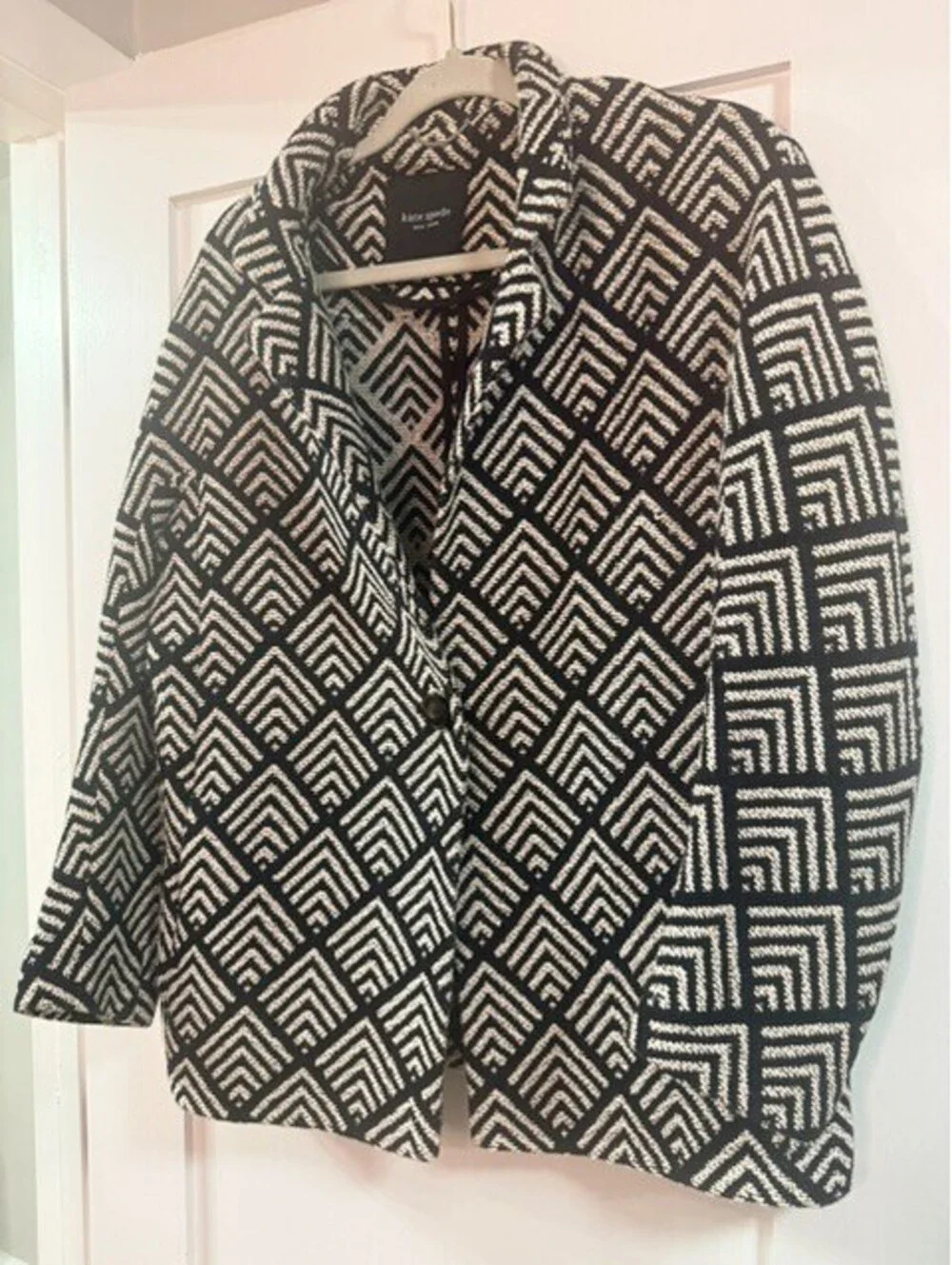 Kate Spade New York Women's Geometric Open Front Knit Cardigan Black Cream XL